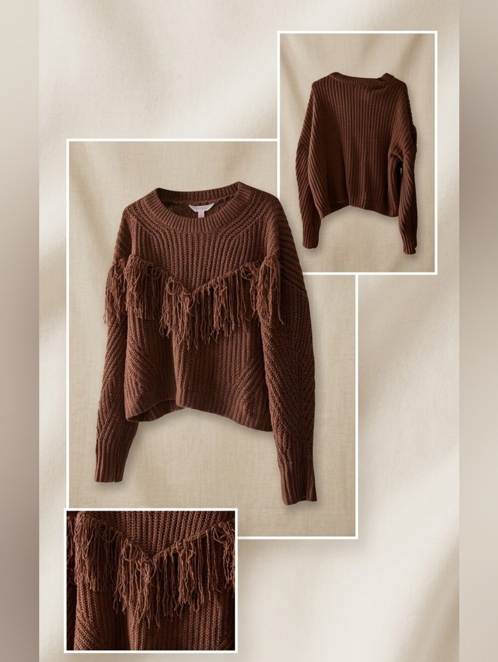 No Boundaries Brown Fringe Cropped Crewneck Sweater